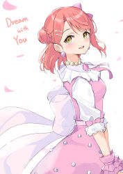 Rule 34 | 1girl, absurdres, alternate costume, anbasa (amaneyuz13), bead necklace, beads, bow, cherry blossoms, dangle earrings, dream with you (love live!), dress, earrings, green eyes, hair bow, hair bun, hair ornament, hairclip, highres, huge bow, jewelry, looking at viewer, looking back, love live!, love live! nijigasaki high school idol club, necklace, open mouth, orange hair, own hands together, petals, pink dress, simple background, single hair bun, solo, uehara ayumu, white background, white sleeves, wrist cuffs