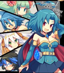Rule 34 | 5girls, :3, :d, ahoge, al (majin shoujo), animal ears, aqua eyes, arm at side, arm up, arm warmers, bare shoulders, bell, belt, belt buckle, black hair, blue-framed eyewear, blue cape, blue dress, blue eyes, blue gemstone, blue hair, blunt bangs, blush, brave dungeon, breasts, brooch, buckle, cape, choker, claws, cleavage, closed mouth, collarbone, cowboy shot, detached sleeves, dress, facepaint, facial mark, fang, fang out, flower, gem, glasses, glint, green eyes, green hair, hair between eyes, hair flower, hair ornament, hair ribbon, hand in own hair, hime cut, iroyopon, jewelry, long hair, looking at viewer, majin shoujo, mari (majin shoujo), medium breasts, multicolored hair, multiple girls, open mouth, orange ribbon, over-rim eyewear, papelne, parted bangs, red eyes, ribbon, rudy (majin shoujo), semi-rimless eyewear, sidelocks, skirt, smile, standing, stoj, strapless, strapless dress, streaked hair, tareme, tooth, translation request, whisker markings, white hair