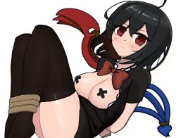 Rule 34 | 1girl, ahoge, areola slip, arms behind back, asymmetrical wings, black dress, black hair, blue wings, blush, bound, bound legs, bound wings, bow, bowtie, breasts, breasts out, canonball (dungigi12), closed mouth, commentary, covered erect nipples, cross pasties, dress, english commentary, feet out of frame, grin, hair between eyes, highres, houjuu nue, looking at viewer, medium breasts, no shoes, pasties, red bow, red bowtie, red eyes, red wings, restrained, shiny skin, short dress, short hair, simple background, smile, solo, tearing up, touhou, white background, wings