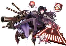 Rule 34 | 10s, 1girl, abyssal ship, black hair, cannon, detached sleeves, dress, enemy aircraft (kancolle), floating fortress (kancolle), glowing, glowing eyes, gothic lolita, hairband, horns, isolated island oni, kantai collection, knees together feet apart, lolita fashion, lolita hairband, long hair, looking at viewer, nail polish, outstretched arms, pale skin, pantyhose, red eyes, red nails, sakuranoyukke, simple background, smile, solo, teeth, tongue, turret, very long hair, white background