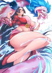 Rule 34 | 1girl, 2020, absurdres, bad id, bad pixiv id, black hair, blue eyes, boa hancock, breasts, dated, earrings, fangs, fangs out, gofa, high heels, highres, huge breasts, jewelry, leg lift, long hair, midriff, one piece, red footwear, salome (one piece), signature, skull, snake, thick thighs, thighs, very long hair, water