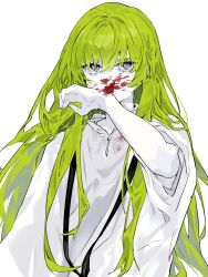 Rule 34 | 1other, androgynous, blood, blood on clothes, blood on face, blood on hands, enkidu (fate), expressionless, fate/grand order, fate (series), green hair, hair between eyes, highres, kingu (fate), long hair, nonobe9781, purple eyes, robe, simple background, solo, upper body, very long hair, white background, white robe, wiping blood, wiping face