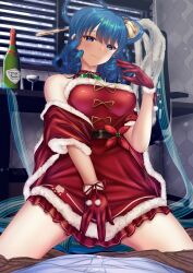 Rule 34 | 1girl, alternate costume, blue eyes, blue hair, bottle, breasts, closed mouth, cup, drill hair, drill sidelocks, drinking glass, fur trim, gloves, hair ornament, hair rings, hair stick, highres, indoors, kaku seiga, kaku seiga (no chimney no problem), looking at viewer, medium breasts, red gloves, santa costume, shounen (hogehoge), sidelocks, smile, solo, touhou, touhou lost word