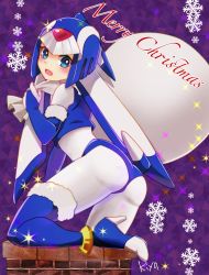 Rule 34 | 1girl, adapted costume, android, ass, bent over, blue eyes, blue footwear, blue santa costume, blue thighhighs, bodysuit, boots, bridal gauntlets, camellia36kiyo, chimney, fur trim, helmet, high heels, highres, fairy leviathan (mega man), looking at viewer, looking back, mega man (series), mega man zero (series), merry christmas, open mouth, sack, santa costume, snowflakes, solo, source request, thigh boots, thighhighs