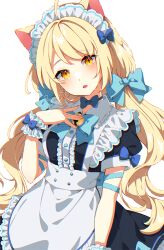 Rule 34 | 1girl, ahoge, animal ears, apron, arm ribbon, bell, black dress, blonde hair, blue bow, blue ribbon, blush, bow, buttons, cat ears, center frills, dress, frills, hair bow, hair ornament, hand up, low twintails, maid, maid apron, maid headdress, mamyouda, original, ribbon, simple background, solo, twintails, white background, wrist cuffs, yellow eyes