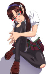 Rule 34 | 00s, 1girl, brown hair, evangelion: 2.0 you can (not) advance, female focus, glasses, hairband, highres, legs, licking, low twintails, makinami mari illustrious, mimura kaoru, neon genesis evangelion, pantyhose, plaid, plaid skirt, rebuild of evangelion, school uniform, skirt, solo, torn clothes, torn pantyhose, twintails, underwear, white background