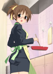 Rule 34 | 1girl, apron, bad id, bad pixiv id, bespectacled, blush, brown eyes, brown hair, business suit, chopsticks, formal, frying pan, glasses, hirasawa ui, k-on!, kani biimu, looking back, office lady, open mouth, pencil skirt, ponytail, round teeth, short hair, skirt, smile, solo, suit, teeth