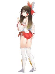 Rule 34 | 1girl, absurdres, adapted costume, ass, black background, blonde hair, boots, bow, brown eyes, brown hair, commission, detached sleeves, gradient background, gradient hair, hair bow, hair tubes, hakurei reimu, hand on own ass, highres, leotard, long hair, multicolored hair, pixiv commission, red bow, ribbon-trimmed sleeves, ribbon trim, sidelocks, simple background, solo, textless version, thighhighs, touhou, tsushi, white background, white footwear, white thighhighs