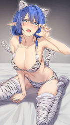 Rule 34 | 1girl, animal ears, animal print, bed, bed sheet, bikini, blue eyes, blue hair, blue nails, blush, breasts, claw pose, cleavage, collarbone, commentary request, elf, fang, female focus, fur trim, hand up, highres, large breasts, looking at viewer, nail polish, navel, open mouth, original, pallad, pointy ears, simple background, sitting, skin fang, solo, swimsuit, tail, thighhighs, thighs, tiger ears, tiger print, tiger tail, wariza