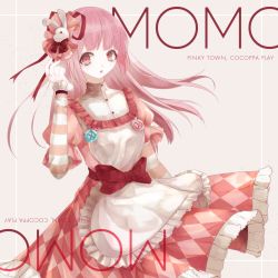 Rule 34 | 1boy, absurdres, apron, bow, buttons, checkered clothes, cocoppa play, crossdressing, dress, english text, hair ornament, highres, lolita fashion, momo (cocoppa), overskirt, pale skin, pink dress, pink hair, rabbit, red bow, red eyes, solo, striped sleeves, waist bow