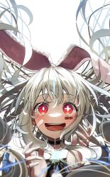 Rule 34 | 1girl, absurdres, alice (alice in wonderland), alice (alice in wonderland) (cosplay), alice in wonderland, animal ears, arisugawa bii, bandaged fingers, bandages, bandaid, bandaid on face, barcode, barcode tattoo, black bow, black bowtie, black choker, blush, bow, bowtie, choker, chromatic aberration, commentary request, cosplay, cross-shaped pupils, fake animal ears, film grain, floating hair, grey hair, hands up, highres, long hair, looking at viewer, mismatched pupils, open mouth, original, portrait, rabbit ears, red eyes, simple background, solo, symbol-shaped pupils, tattoo, teeth, very long hair, white background