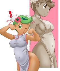 Rule 34 | 1girl, ;o, bare arms, blush stickers, breasts, china dress, chinese clothes, covered erect nipples, covered navel, creatures (company), dark skin, double bun, dress, flower, game freak, green eyes, green hair, greyscale, groin, hair bun, hair flower, hair ornament, heart, highres, hip focus, impossible clothes, mallow (pokemon), medium breasts, monochrome, nintendo, no bra, no panties, one eye closed, open mouth, paw pose, pelvic curtain, pokemon, pokemon (anime), pokemon sm (anime), sideboob, simple background, sleeveless, sleeveless dress, smile, solo focus, speech bubble, swept bangs, text focus, tof, translated, white background