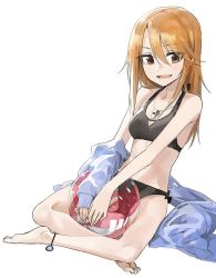 Rule 34 | 1girl, :d, anklet, ball, bare legs, bare shoulders, barefoot, beachball, bikini, brown eyes, commentary, halterneck, highres, hood, hood down, hoodie, idolmaster, idolmaster cinderella girls, indian style, jewelry, long hair, looking at viewer, modare, off shoulder, open mouth, orange hair, sitting, sleeves past wrists, smile, solo, swimsuit, whistle, whistle around neck, white background, yuuki haru