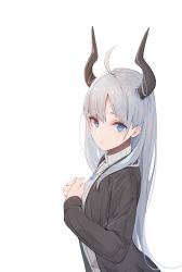 Rule 34 | 1girl, ahoge, black shirt, blue eyes, closed mouth, expressionless, from side, grey sweater, hands on own chest, highres, horns, jewelry, long hair, long sleeves, looking at viewer, looking to the side, necklace, nekojira, original, own hands together, shirt, silver hair, simple background, solo, sweater, upper body, white background