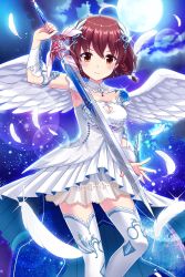 Rule 34 | 1girl, absurdres, ahoge, alternative girls, angel, arm up, armor, braid, breasts, brown eyes, brown hair, choker, cleavage, cleavage cutout, clothing cutout, cloud, dress, earrings, feathered wings, feathers, full moon, hair between eyes, hair ornament, highres, holding, holding sword, holding weapon, jewelry, lens flare, looking at viewer, medium breasts, moon, night, outdoors, pauldrons, short dress, short hair, shoulder armor, sky, sleeveless, sleeveless dress, solo, sparkle, standing, star (sky), starry sky, strapless, strapless dress, sword, thighhighs, weapon, white dress, white feathers, white thighhighs, white wings, wings, yuuki miyaka