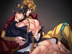 Rule 34 | 2boys, abs, aftersex, anal, ass, bara, blush, bottomless, cum, cum in ass, dio brando, drooling, jojo no kimyou na bouken, kuujou joutarou, less end, licking, looking at viewer, male focus, male penetrated, multiple boys, muscular, pectorals, saliva, sex, tagme, undressing, yaoi