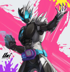 Rule 34 | 1boy, absurdres, armor, asymmetrical armor, black armor, blue eyes, bodysuit, clenched hand, commentary, commentary request, compound eyes, cowboy shot, demon boy, driver (kamen rider), dutch angle, full body, helmet, highres, ink, kamen rider, kamen rider jack revice, kamen rider revi, kamen rider revice, male focus, monsterification, official alternate costume, paint splatter, revice driver, rider belt, rolling vistamp, sharp teeth, shoulder armor, signature, simple background, spiked armor, splatter print, teeth, tokusatsu, unique (pixiv12704744), weapon, white background