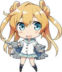 Rule 34 | 10s, 1girl, abukuma (kancolle), bad id, bad twitter id, black footwear, blonde hair, blouse, blue eyes, blush, boots, buttons, cannon, collared shirt, commentary request, double bun, gotyou, green skirt, hair between eyes, hair bun, hair rings, kantai collection, knee boots, long hair, looking at viewer, lowres, machinery, open mouth, pleated skirt, school uniform, serafuku, shirt, short sleeves, simple background, skirt, solo, standing, turret, twintails, wavy mouth, white background, white shirt, wing collar