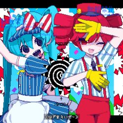 Rule 34 | 2girls, apron, arm up, black eyes, black necktie, blue hat, bow, collared shirt, gloves, hair bow, hand up, hat, hatsune miku, highres, housuke (flb66i2qnuqy63f), kasane teto, letterboxed, looking at viewer, mesmerizer (vocaloid), multiple girls, necktie, one eye closed, outside border, pants, pink eyes, pink pants, pixel art, shirt, striped bow, striped clothes, striped shirt, upper body, utau, visor cap, vocaloid, waist apron, white apron, yellow gloves