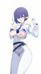 Rule 34 | 1girl, absurdres, aoi (blue archive), belt, blue archive, blue hair, blue necktie, breasts, collared jacket, commentary, cowboy shot, cropped jacket, dongye1551, dress, gloves, halo, high-waist skirt, highres, inverted nipples, jacket, long sleeves, looking at viewer, medium breasts, mole, mole under eye, necktie, nipples, no bra, open clothes, open mouth, pointy ears, short hair, simple background, skirt, solo, white background, white dress, white gloves, white uniform