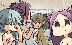Rule 34 | 3girls, bed sheet, blue eyes, blush, braid, commentary request, dated, drill hair, empty eyes, hair between eyes, hair over eyes, hamanami (kancolle), hamu koutarou, hatakaze (kancolle), heart, highres, implied yuri, japanese clothes, jun&#039;you (kancolle), kantai collection, kimono, light brown hair, long hair, multiple girls, naked sheet, nude, one eye closed, open mouth, purple hair, short hair, silver hair, single braid, smile, spiked hair, yellow kimono