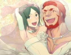 Rule 34 | 2boys, :d, androgynous, bad id, bad pixiv id, beard, bob cut, bridal veil, bride, crossdressing, dress, elbow gloves, facial hair, fate/zero, fate (series), flower, gloves, green eyes, green hair, iskandar (fate), jewelry, male bride, male focus, multiple boys, necklace, nnn fz, nose, open mouth, parody, parted bangs, pearl necklace, red eyes, red hair, rose, smile, trap, veil, waver velvet, wedding, wedding dress, white flower, white rose, yaoi