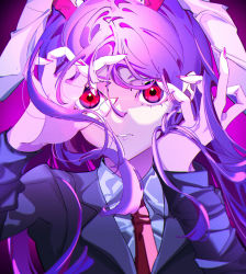 Rule 34 | 1girl, absurdres, animal ears, blazer, collared shirt, commentary, floppy ears, hands up, highres, holding, holding hair, jacket, long hair, long sleeves, looking at viewer, mizoreshi, nail polish, necktie, parted lips, pink nails, purple hair, rabbit ears, rabbit girl, red eyes, red necktie, reisen udongein inaba, shirt, solo, touhou, upper body, white shirt