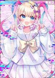 Rule 34 | 1girl, :d, blonde hair, blue bow, blue eyes, blue hair, blue nails, blue shirt, blue skirt, blush, bow, chouzetsusaikawa tenshi-chan, double v, glitch, hair bow, hands up, highres, holographic clothing, koya (0okoya), long hair, long sleeves, looking at viewer, multicolored hair, multicolored nails, needy girl overdose, open mouth, pink bow, pink hair, pink nails, pleated skirt, purple bow, quad tails, sailor collar, school uniform, serafuku, shirt, skirt, smile, solo, twintails, v, very long hair, window (computing), yellow bow