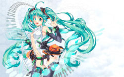 Rule 34 | aqua eyes, aqua hair, breasts, bridal gauntlets, center opening, hatsune miku, hatsune miku (append), highres, long hair, navel, necktie, open mouth, solo, thighhighs, twintails, very long hair, vocaloid, vocaloid append, windart