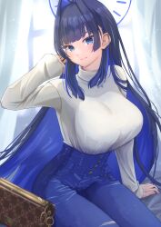 Rule 34 | 1girl, black hair, blue eyes, blue hair, blue pants, blunt bangs, breasts, colored inner hair, denim, detached sleeves, hair intakes, high-waist pants, highres, hololive, hololive english, jeans, large breasts, long hair, long sleeves, mihaeru, multicolored hair, official alternate costume, official alternate hair length, official alternate hairstyle, ouro kronii, ouro kronii (casual), pants, shirt, solo, sweater, sweater tucked in, turtleneck, virtual youtuber, white shirt, white sweater