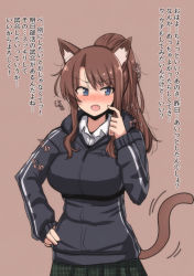 Rule 34 | 1girl, animal ears, black hoodie, blue eyes, blush, brown background, brown hair, cat ears, cat tail, cowboy shot, dot nose, fang, green skirt, hand on own hip, hands up, highres, hood, hood down, hoodie, long sleeves, mame rakko, open mouth, original, plaid, plaid skirt, pleated skirt, ponytail, simple background, skirt, solo, tail, tail wagging, translation request, trash bag