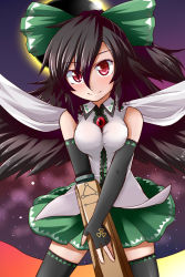Rule 34 | 1girl, adapted costume, arm cannon, bird wings, black hair, black sun, blush, bow, breasts squeezed together, breasts, cape, collared shirt, constricted pupils, elbow gloves, fingerless gloves, gloves, hair bow, highres, long hair, looking at viewer, miniskirt, mono60, mono (mono60), radiation symbol, red eyes, reiuji utsuho, shirt, skirt, sleeveless, sleeveless shirt, smile, solo, sun, thighhighs, third eye, touhou, weapon, wings