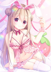 Rule 34 | 1girl, animal ears, babydoll, bare shoulders, blush, breasts, brown hair, cleavage, closed mouth, commentary request, double bun, garter straps, hair between eyes, hair bun, hand on own ear, hand up, ikataruto, long hair, medium breasts, moe2021, nail polish, original, panties, pink nails, pink panties, plaid, rabbit ears, red eyes, smile, solo, thighhighs, underwear, very long hair, white thighhighs, wrist cuffs