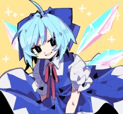 Rule 34 | 1girl, black eyes, blue bow, blue dress, blue hair, bow, bowtie, cirno, collared shirt, cowboy shot, detached wings, dress, hair bow, head tilt, highres, ice, ice wings, looking at viewer, neck ribbon, open mouth, pinafore dress, puffy short sleeves, puffy sleeves, red ribbon, ribbon, shirt, short sleeves, simple background, sleeveless, sleeveless dress, smile, so happy 64, solo, teeth, touhou, white shirt, wings, yellow bow, yellow bowtie