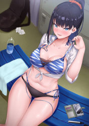 Rule 34 | 10s, 1girl, alternate hairstyle, arm support, bare legs, bikini, black hair, blue bikini, blue eyes, blush, breasts, cleavage, collarbone, collared shirt, commentary request, dearonnus, from above, front-tie top, gridman universe, highleg, highleg bikini, large breasts, layered bikini, long hair, midriff, navel, parted lips, ponytail, shirt, side-tie bikini bottom, sideboob, sitting, sleeves rolled up, ssss.gridman, stomach, strap pull, swimsuit, takarada rikka, thigh gap, thighs, tied shirt, white shirt, wide hips