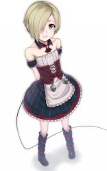 Rule 34 | 10s, 1girl, arms behind back, bad id, bad pixiv id, bags under eyes, bare shoulders, blonde hair, boots, brown eyes, corset, detached sleeves, dress, earrings, from above, full body, hair over one eye, heisei yutorin, idolmaster, idolmaster cinderella girls, jewelry, lipstick, looking at viewer, looking up, makeup, puffy sleeves, shirasaka koume, short hair, simple background, skirt, skull, smile, solo, white background
