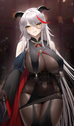 Rule 34 | 1girl, aegir (azur lane), arms at sides, azur lane, bare shoulders, black cape, blurry, blurry background, bodystocking, breast curtains, breasts, cape, corset, cowboy shot, cross, cross earrings, curled horns, demon horns, detached sleeves, earrings, fouriasensei, gloves, grey hair, hair between eyes, hair on horn, highres, horns, impossible clothes, iron cross, jewelry, large breasts, lipgloss, long hair, looking at viewer, multicolored hair, navel, red hair, revealing clothes, see-through, skindentation, slit pupils, solo, streaked hair, thigh gap, two-tone cape, two-tone hair, very long hair, yellow eyes
