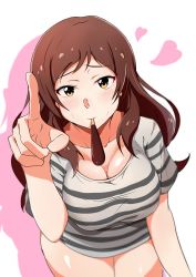 Rule 34 | 1girl, absurdres, bad id, bad pixiv id, blush, breasts, brown eyes, brown hair, food, heart, highres, idolmaster, idolmaster million live!, j yak47, kitazawa shiho, long hair, looking at viewer, medium breasts, mouth hold, no pants, pocky, pocky day, pointing, smile, solo