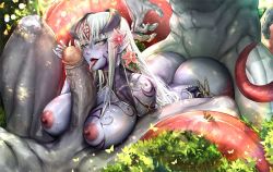 Rule 34 | 1girl, 2boys, abs, alipheese fateburn xvi, ass, breasts, colored skin, demon, earrings, erection, flower, grey skin, group sex, hair flower, hair ornament, hand on penis, hetero, huge ass, imminent fellatio, jewelry, krabbytheartist, lamia, large breasts, long hair, lying, mmf threesome, mon-musu quest!, monster, monster girl, multiple boys, muscular, muscular male, nature, navel, nipples, nude, oral, penis, penis base, pointy tongue, purple skin, red flower, sandwiched, sex, sex from behind, sidelocks, smile, snake tail, solo focus, tail, tattoo, threesome, tribal tattoo, uncensored, very long hair, wet, wet hair, white hair, yellow eyes