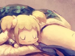 Rule 34 | 10s, 2girls, :3, artist name, bad id, bad pixiv id, bed sheet, blonde hair, blue hair, chibi, closed mouth, commentary request, closed eyes, hair ornament, hair scrunchie, long hair, long sleeves, lying, manino (mofuritaionaka), multiple girls, on back, on stomach, pipimi, poptepipic, popuko, scrunchie, short hair, signature, sleeping, twintails, u u, under covers