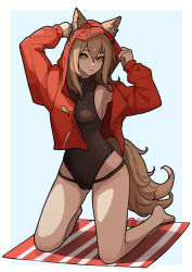Rule 34 | 1girl, absurdres, animal ears, arknights, arms up, beach towel, border, breasts, casual one-piece swimsuit, ears through headwear, female focus, grey hair, hair between eyes, highleg, highleg swimsuit, highres, hood, hood up, hooded jacket, jacket, kneeling, blue background, long hair, long sleeves, official alternate costume, one-piece swimsuit, open clothes, open jacket, outside border, projekt red (arknights), projekt red (light breeze) (arknights), red jacket, shadow, sideboob, simple background, small breasts, solo, swimsuit, tail, towel, white border, wolf ears, wolf girl, wolf tail, yellow eyes, yibingxigua (894 yuko)