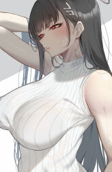 Rule 34 | 1girl, absurdres, black hair, blue archive, breasts, highres, large breasts, long hair, red eyes, ribbed sweater, rio (blue archive), skysign ft, sleeveless, sleeveless sweater, sweat, sweater, very long hair, white sweater