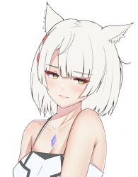 Rule 34 | 1girl, animal ear fluff, animal ears, bare shoulders, breasts, cat ears, cat girl, chest jewel, cleavage, closed mouth, collarbone, commentary, english commentary, medium hair, mio (xenoblade), sad, simple background, small breasts, solo, succducc888, upper body, white background, white hair, xenoblade chronicles (series), xenoblade chronicles 3, yellow eyes