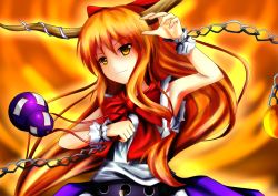 Rule 34 | 1girl, absurdres, arm up, armpits, belt, bow, chain, cuffs, eeryuu (2004107), expressionless, fiery background, fire, gourd, hair bow, highres, horns, ibuki suika, long hair, looking at viewer, open hand, orange hair, shackles, shirt, sleeveless, sleeveless shirt, solo, orb, touhou, upper body, very long hair, wrist cuffs, yellow eyes