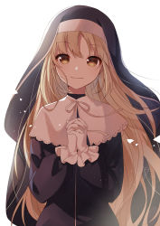 Rule 34 | 1girl, black dress, blonde hair, brown eyes, closed mouth, dress, habit, highres, long hair, long sleeves, looking at viewer, nijisanji, nun, own hands clasped, own hands together, ribbon, simple background, sister claire, sister claire (1st costume), smile, solo, traditional nun, very long hair, virtual youtuber, white background, white ribbon, yon (letter)