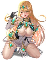 Rule 34 | 1girl, absurdres, bare shoulders, blonde hair, blush, breasts, earrings, elbow gloves, food, full body, gloves, hair ornament, highres, holding, holding food, holding popsicle, jewelry, kneeling, large breasts, long hair, looking at viewer, mythra (xenoblade), nemunemu semi, open mouth, popsicle, simple background, skindentation, smile, thigh strap, thighs, tongue, tongue out, white background, white gloves, xenoblade chronicles (series), xenoblade chronicles 2, yellow eyes