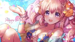 Rule 34 | breasts, happy birthday, highres, large breasts, open mouth, pink hair, princess connect!, purple eyes, rokico, swimsuit, tsumugi (princess connect!)