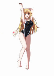 Rule 34 | 1girl, absurdres, arm behind head, armpits, arms up, bare legs, black one-piece swimsuit, blonde hair, breasts, brown eyes, commentary request, competition school swimsuit, covered navel, female focus, full body, highleg, highleg swimsuit, highres, large breasts, long hair, looking at viewer, mmsk, one-piece swimsuit, open mouth, school swimsuit, shokuhou misaki, solo, sparkling eyes, star (symbol), star print, stretching, swimsuit, toaru kagaku no mental out, toaru kagaku no railgun, toaru majutsu no index, toes, tokiwadai school swimsuit, two-tone swimsuit, v, very long hair, white background, white one-piece swimsuit