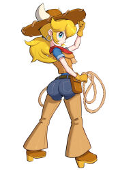 Rule 34 | 1girl, absurdres, ass, belt, blonde hair, blue eyes, chaps, cowboy hat, cowgirl (western), cowgirl peach, earrings, eyelashes, fake horns, gloves, gonzarez, hat, highres, horned headwear, horns, jewelry, lasso, long hair, looking at viewer, mario (series), nintendo, official alternate costume, ponytail, princess peach, princess peach: showtime!, scarf, shirt, simple background, smile, solo, sphere earrings