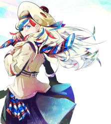Rule 34 | 1girl, arm at side, bad id, bad pixiv id, beret, black socks, blonde hair, blue dress, blue eyes, blue hair, breasts, buttons, closed mouth, commandant teste (kancolle), crane (machine), double-breasted, dress, from side, hair ornament, hairclip, hand on own chest, hat, jacket, kantai collection, long hair, long sleeves, looking at viewer, medium breasts, multicolored hair, nanamiyuki, plaid, plaid scarf, red hair, sailor collar, scarf, simple background, smile, socks, solo, standing, streaked hair, swept bangs, white hair, white hat, white jacket, wind